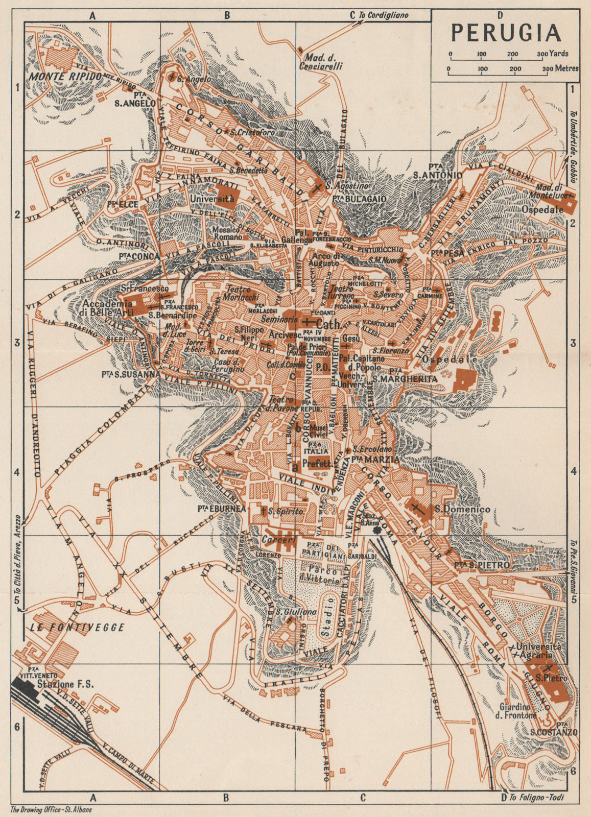 PERUGIA. Vintage town city map plan. Pianta mappa città. Italy 1956 old